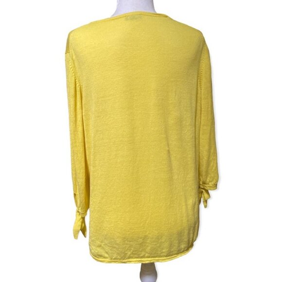 Talbots Hamptons Yellow Linen Sweater 3/4 Tie Sleeves Split Neck Sz L Dopamine - Picture 3 of 7